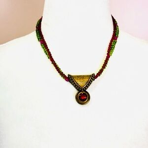 Gold and Red Beaded Necklace Bezel Crystal
